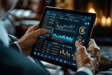 Hands of a trader are poised over a laptop keyboard, deeply focused on analyzing fluctuating cryptocurrency market trends and graphs.. - obrazy, fototapety, plakaty