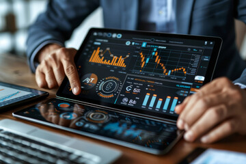Hands of a trader are poised over a laptop keyboard, deeply focused on analyzing fluctuating cryptocurrency market trends and graphs..