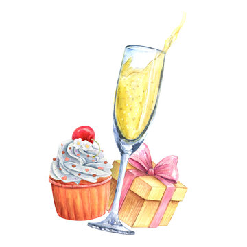 Champagne glass present watercolor drawing box card. Birthday invitation cake. Golden sparkling patry valentine celebration