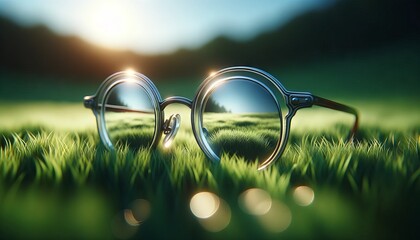 A high-resolution, 16_9 ratio image featuring a pair of old-fashioned, round glasses with a gentle reflection of the sky on the lenses.