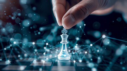 Strategic move in a futuristic digital chess game. Hand positions transparent chess piece. AI-driven technology and gameplay. AI