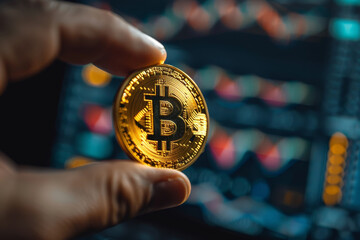 Hand Holding Bitcoin with Financial Market Data Background.