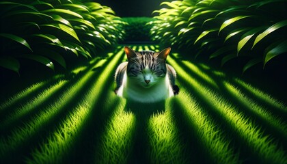 A high-resolution image in a 16_9 ratio, featuring a close-up of a cat sitting contently within the cool shade of stripes on a lush, vibrant green law.