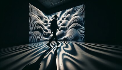 A shadowy form passing by a wall where projected light creates a pattern of undulating waves, mirrored on the surface beneath.