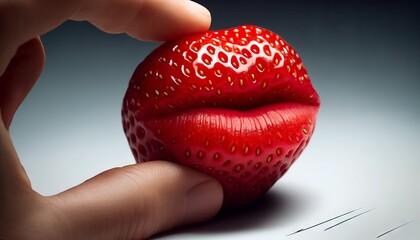An image of a close-up of a strawberry with the texture of human lips, suggesting the fruit is about to speak.