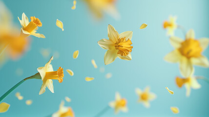 Bright, cute 3D daffodils floating against a simple backdrop, ideal for Daffodil Day promotions with copy space