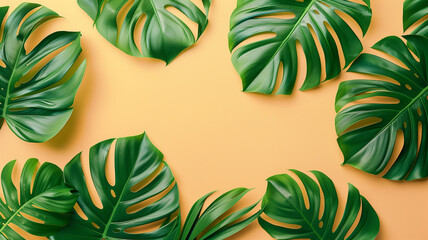 Clean and minimal summer banner featuring Philodendron tropical leaves on an isolated background, top view, perfectly capturing the vibes of a hot summer day, with generous copy space for advertising