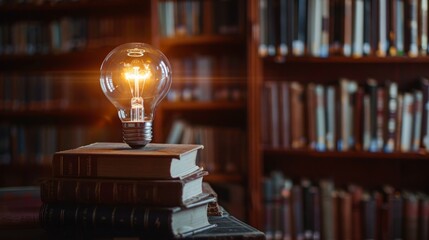A light bulb on books in a library. The power of knowledge