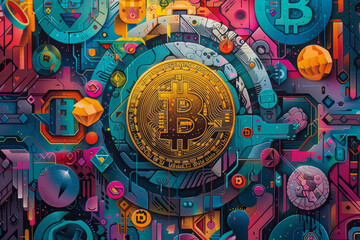 This detailed concept art bursts with vibrant colors and symbols representing Bitcoin and the diverse world of cryptocurrency..