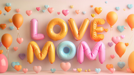 Elegant and minimalist design featuring "LOVE MOM" spelled out in 3D balloons on a pristine, isolated background, perfect for clean visual messaging