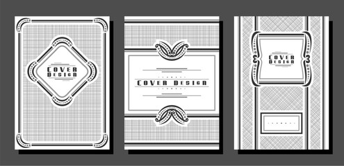 Vector Book Cover Set, collection of 3 isolated illustrations of variety black and white vintage covers with shadow, various vertical banners with rhombus and rectangle copyspace for advertising text