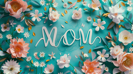 Elegant Happy Mother's Day card in 3D, featuring a floral papercut theme on a teal backdrop, with 'Mom' and flowers creatively arranged, providing ample copy space for text