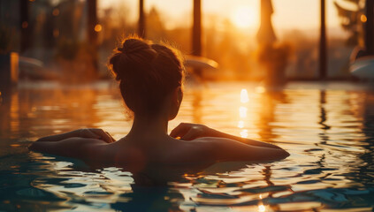 A woman relaxing in an infinity pool enjoying the natural scenery of lush greenery and trees at sunset, feeling calm after her spa experience