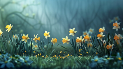 Fototapeta premium Fantasy-themed Daffodil Day background in a surrealistic and photorealistic style, featuring daffodils in a dream-like setting, clean and creative, perfect for dynamic visuals