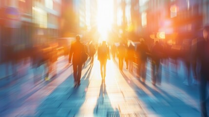 Fototapeta premium People walking by the busy street. Sunset background with serene light. Copy space.