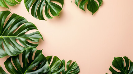 Fresh and clean summer banner with Philodendron tropical leaves displayed on an isolated background, viewed from above, embodying a hot summer day with a minimalist vibe and plenty of copy space for m - obrazy, fototapety, plakaty