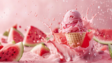 Watermelon pink ice cream in cone close up