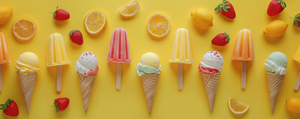 Different assorted ice cream with fruit, strawberry, lemon