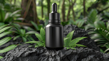Black serum bottle on stone surface with palm monstera