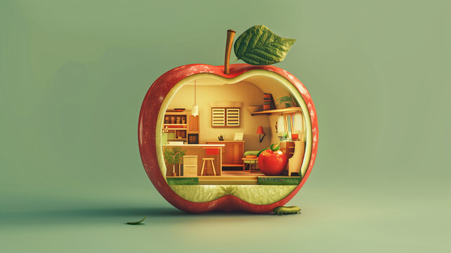 Illustration of an apple cut in cross-section, depicting its interior as different rooms of a tiny house inhabited by a green worm, designed in a cute minimalist style