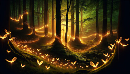Enchanted Forest Awakening: Whispers of Light Among Twilight's Sprites. - 786923120