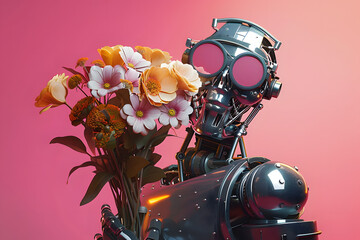 Surreal futuristic steel robot character in oversized glasses holding bouquet of flowers on minimal pink background.