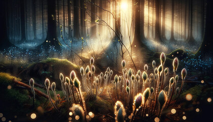 Mystical Forest with Luminescent Mushrooms under a Moonlit Sky - 786923128