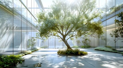 Serene Indoor Garden with Lush Tree Bathing in Sunlight, Modern Architecture Harmony. Nature Blends with Urban Design. AI