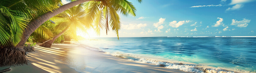 Pristine Caribbean getaway, palm trees framing turquoise seas under a blazing sun, great for leisure and travel promotions