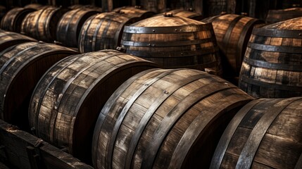 Oak wine barrels in the wine cellar. Old stone wall at the background.