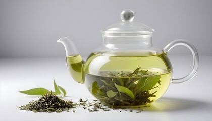 green tea in a beautiful glass pot on white background - obrazy, fototapety, plakaty