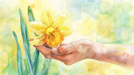 Watercolor scene depicting a hand gently holding a daffodil, symbolizing care and support for cancer fighters