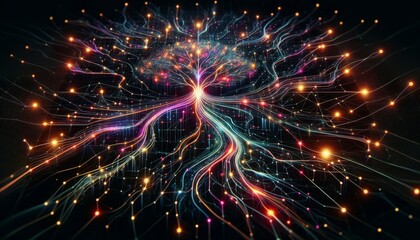 An abstract representation of a robot's thought process, with neon synaptic connections forming a web of glowing links on a dark matrix.