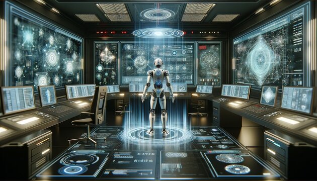 A virtual reality scene with a robot avatar in a control room filled with hovering data panels and interactive code projections.