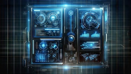Fototapeta premium A sleek robot interface with translucent neon panels displaying futuristic code and diagrams against a deep blue digital grid backdrop.