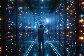 Man Standing in a Futuristic Server Room Corridor. - obrazy, fototapety, plakaty