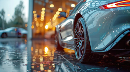 Alloy wheels of expensive sports car showcased.