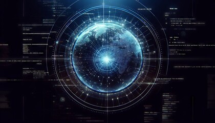 An abstract, close-up visualization of a holographic projection of a digital globe with lines of code wrapping around it, suggesting a global network.