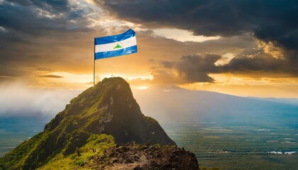 The Flag of Nicaragua On The Mountain.