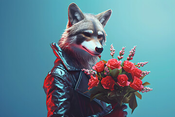 Portrait of anthropomorphic hyperrealistic cyberpunk wolf wild animal character wearing leather jacket and holding bouquet of flowers on minimal blue background.