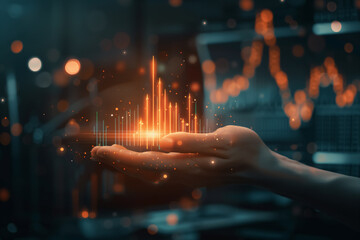 A hand interacts with a futuristic holographic stock market chart, signifying advanced financial analytics. showcasing the future of market analysis and trading technology.