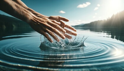 A hyper-realistic image of hands gently skimming the surface of a crystal-clear lake, creating delicate ripples.