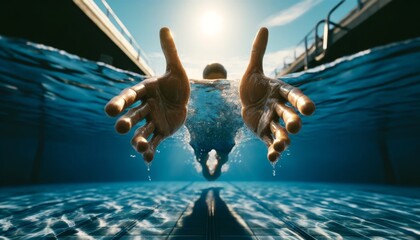 A hyper-realistic image of a diver captured from a first-person perspective just before plunging into the water, with detailed view of the hands outst.