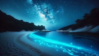 A secluded beach with crystal clear water glowing with bioluminescence under the stars, in a tranquil and captivating scene without any noise or flare.
