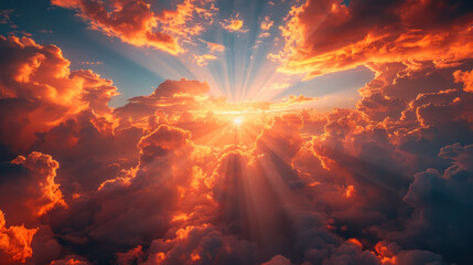 Heavenly rays pierce through evening clouds, a symbol of divine presence.