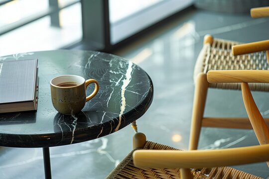 Close up photo of two wooden chairs with woven rope seats at a black marble table, with coffee and a book on the table, a window in the background, a modern architecture interior design