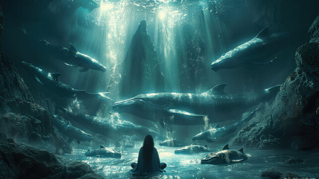 Jonah's prayer moment with ocean and whales in view.