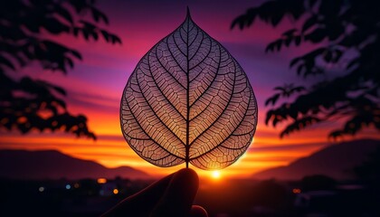 An image of a single leaf with a complex pattern of veins silhouetted against a vibrant sunset.
