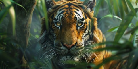 Siberian tiger, a majestic hunter ambushing the victim.