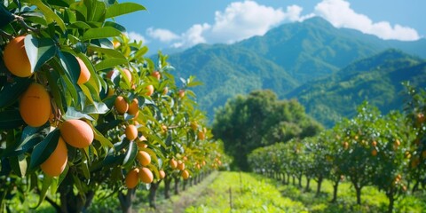 Beautiful scenery of the farm that grows marian plum. Colorful mountains and natural scenery.